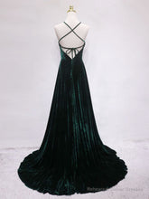 A-Line Backless Green Velvet Long Prom Dresses, Green Formal Evening Dresses